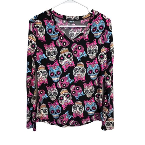 Women’s Junior Y2k Halloween Mexican Sugar Skull Colorful Super Soft Top Large - Picture 2 of 11